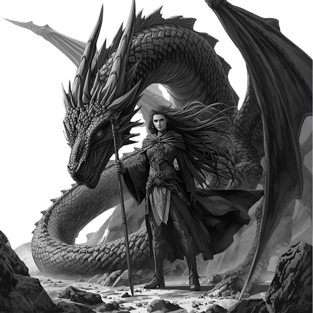 Dragon Warrior Fantasy Art | Digital Download PNG | Transparent Background | Epic Black & White Illustration
