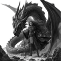 Dragon Warrior Fantasy Art | Digital Download PNG | Transparent Background | Epic Black & White Illustration