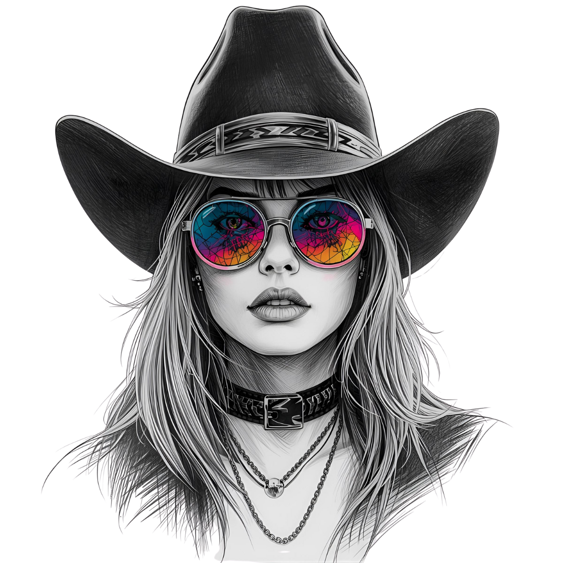 Boho Cowgirl Digital Art PNG | Rainbow Sunglasses Western Girl | Transparent Background | Instant Download