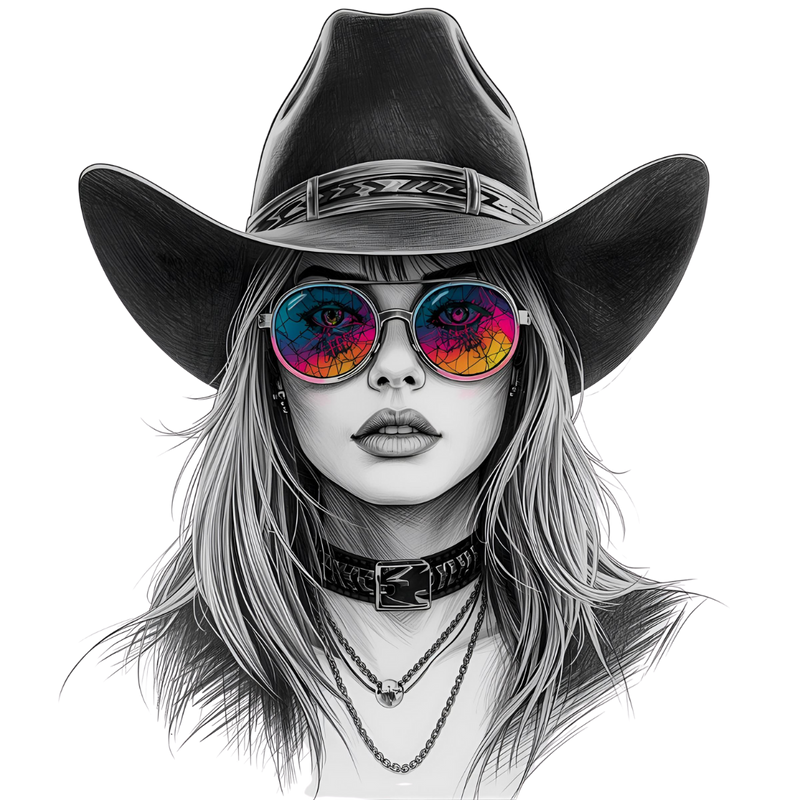 Boho Cowgirl Digital Art PNG | Rainbow Sunglasses Western Girl | Transparent Background | Instant Download