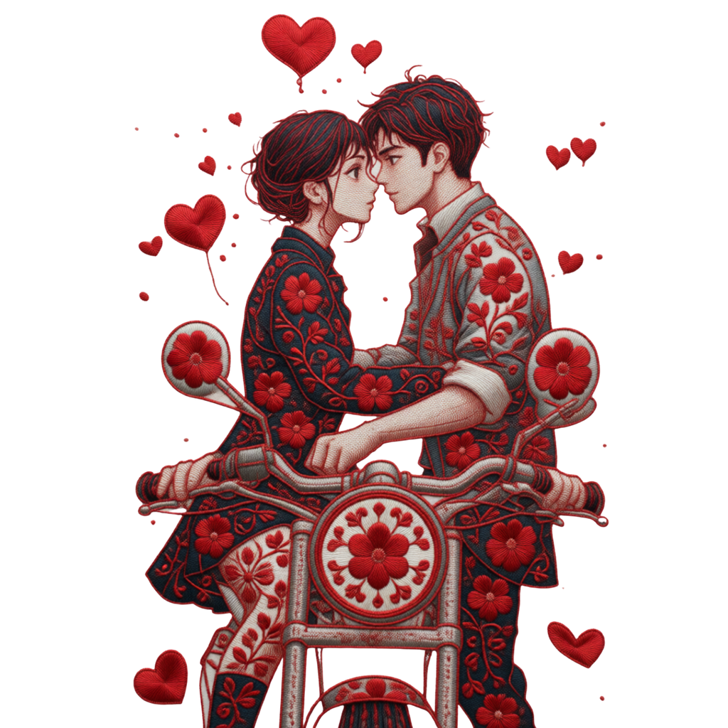 Romantic Couple on Bicycle Digital Illustration - Valentine's Day PNG with Transparent Background