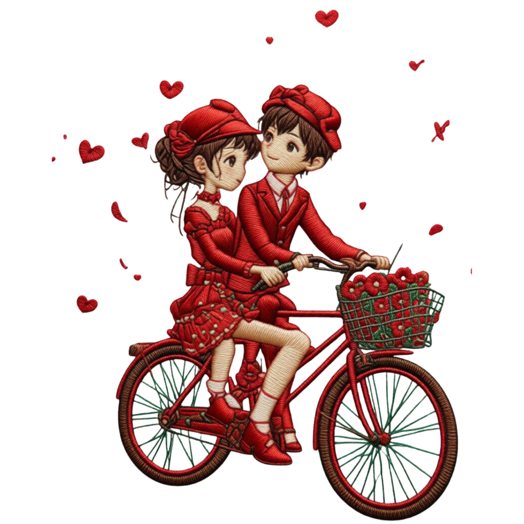 Romantic Couple on Bicycle Digital Illustration - Valentine's Day PNG with Transparent Background