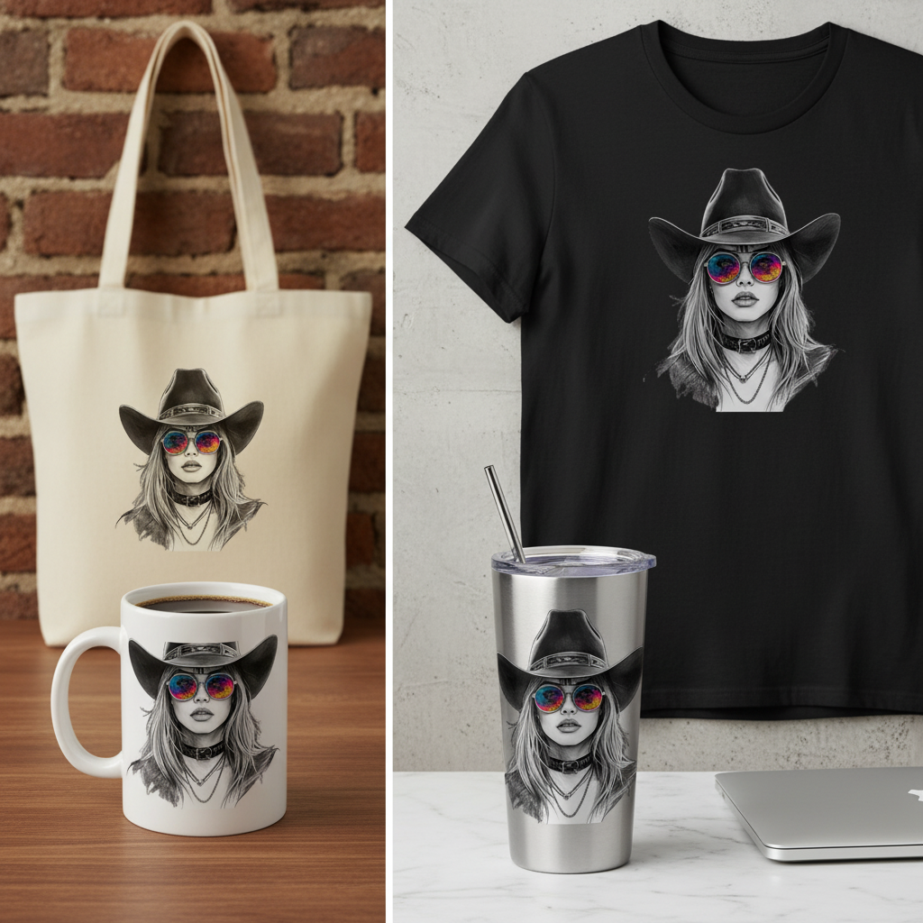 Boho Cowgirl Digital Art PNG | Rainbow Sunglasses Western Girl | Transparent Background | Instant Download